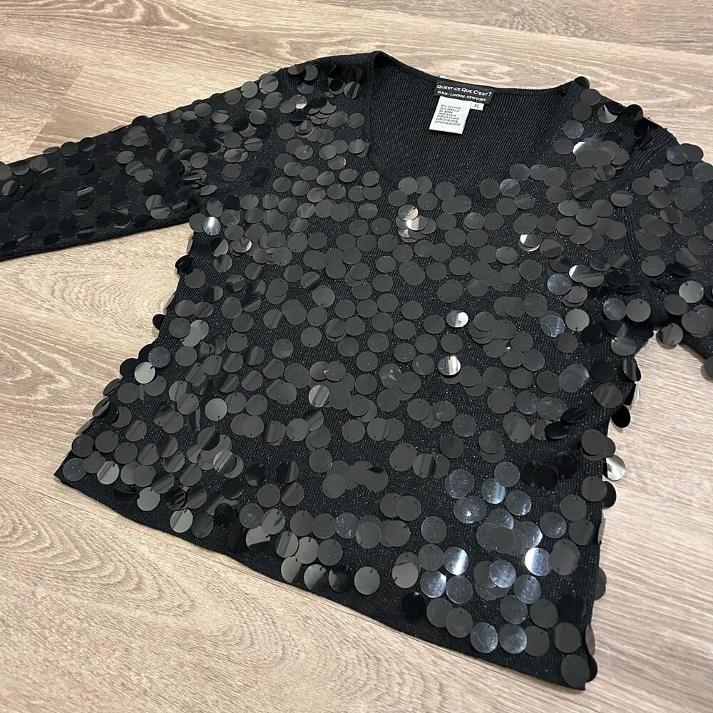 Quest-ce Que C’est? Y2K‎ Black Sequin Disc Silk Blend Top